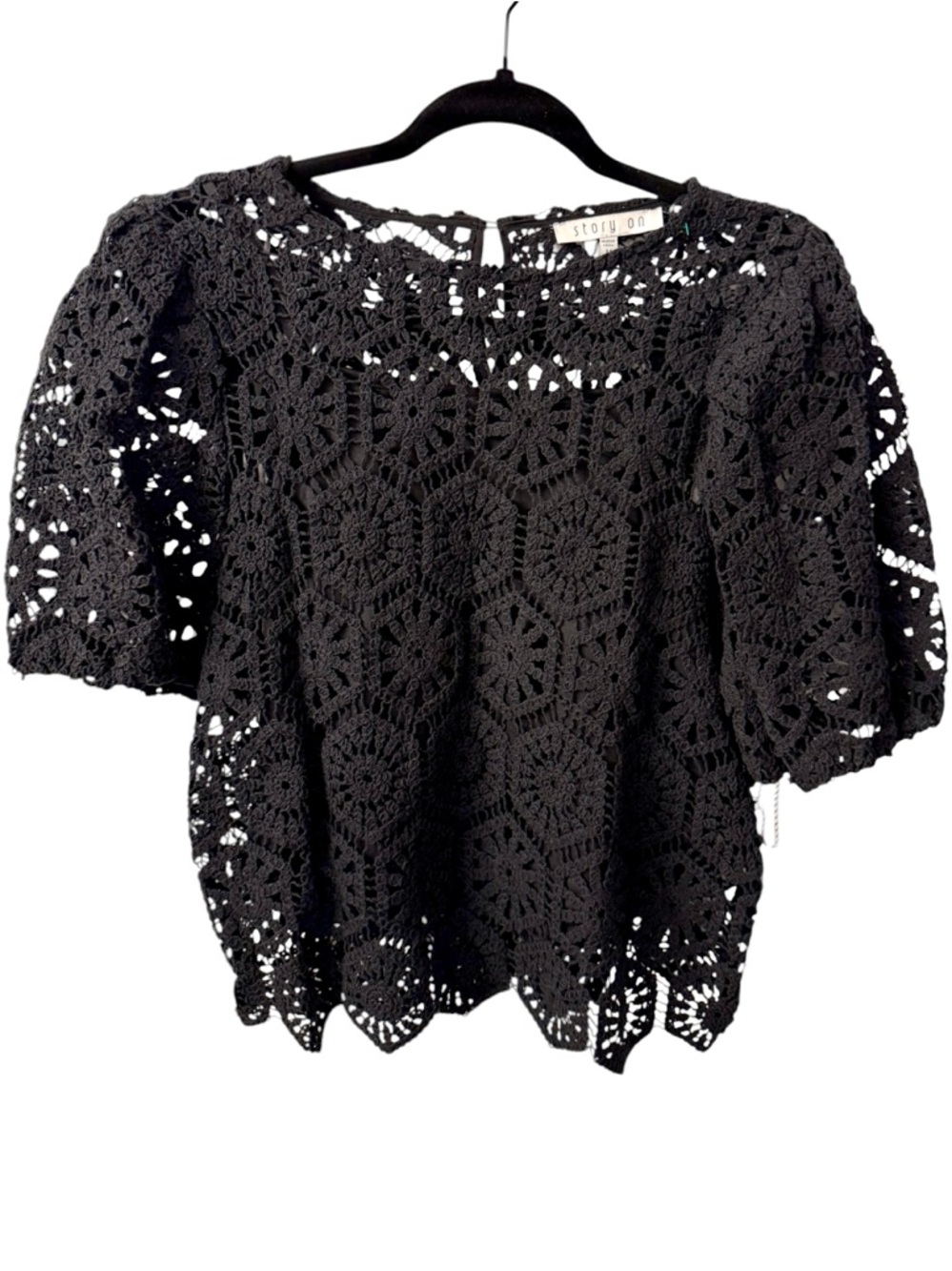 Black Cotton Crochet Puffed Sleeve Top with Cami Liner Size Medium